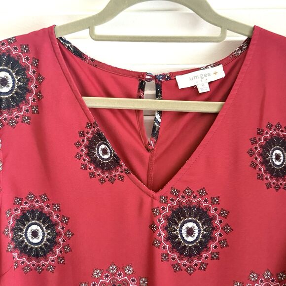 UMGEE Red Paisley Boho Tunic XL Relaxed Fit Tiered Flutter Sleeves Sheer Overlay - Picture 4 of 11